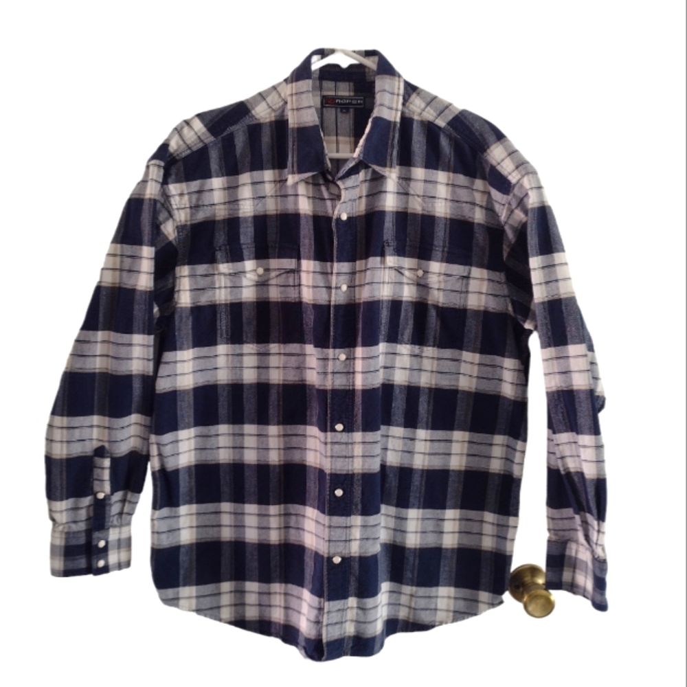 Ropers Western men’s navy & white pearl snap plaid long sleeve. XL Preloved.